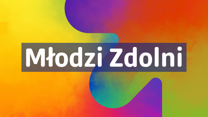 Grafika z intensywnym, wielobarwnym tłem w odcieniach żółci, pomarańczu, czerwieni, zieleni i fioletu. W centralnej części znajduje się półprzezroczysty, ciemny pasek z białym napisem: „Młodzi Zdolni”. W tle widoczny jest duży, zaokrąglony symbol strzałki skierowanej w górę.